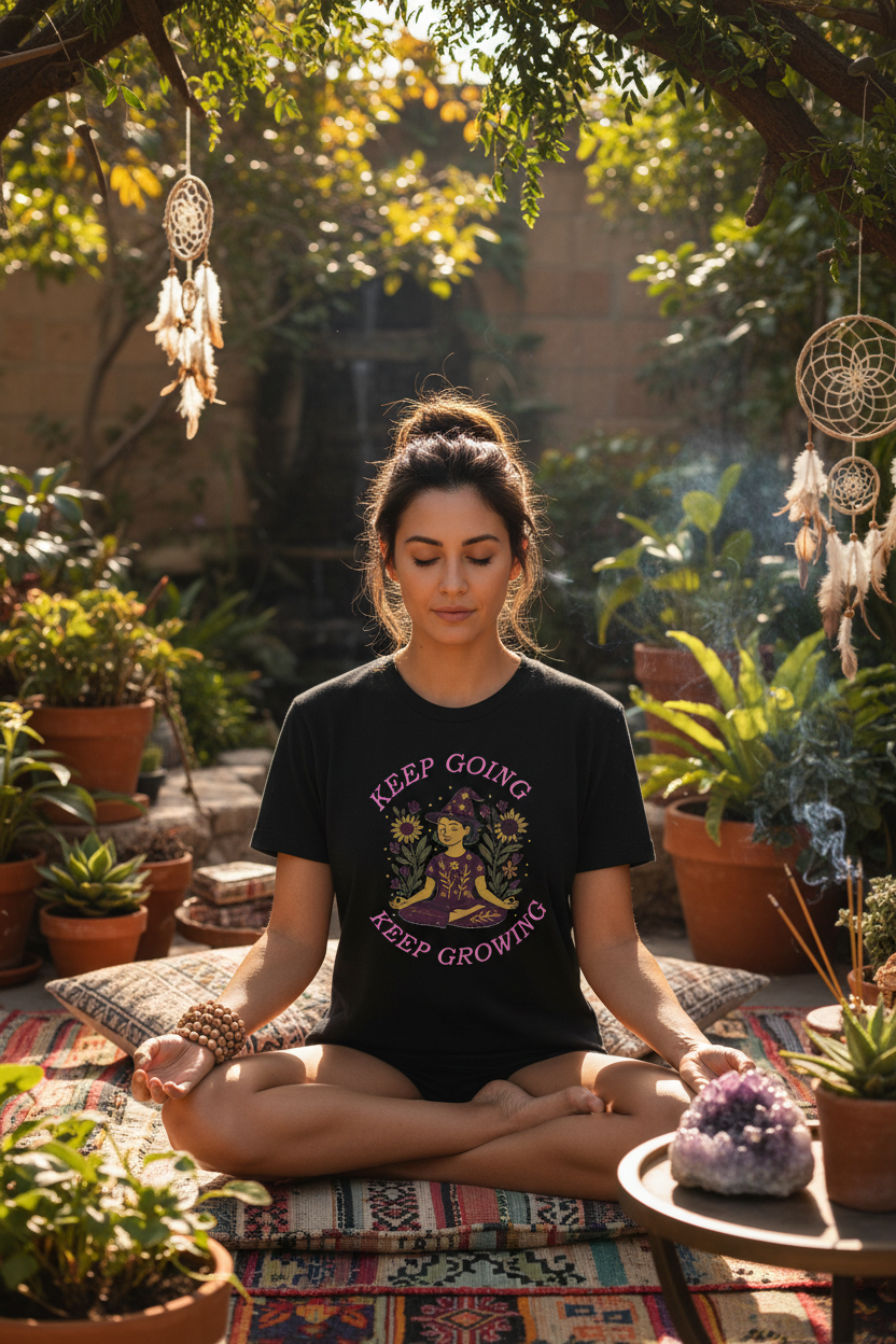 Model sitting cross-legged in meditation