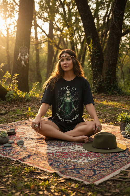 Model with vintage blanket outdoors