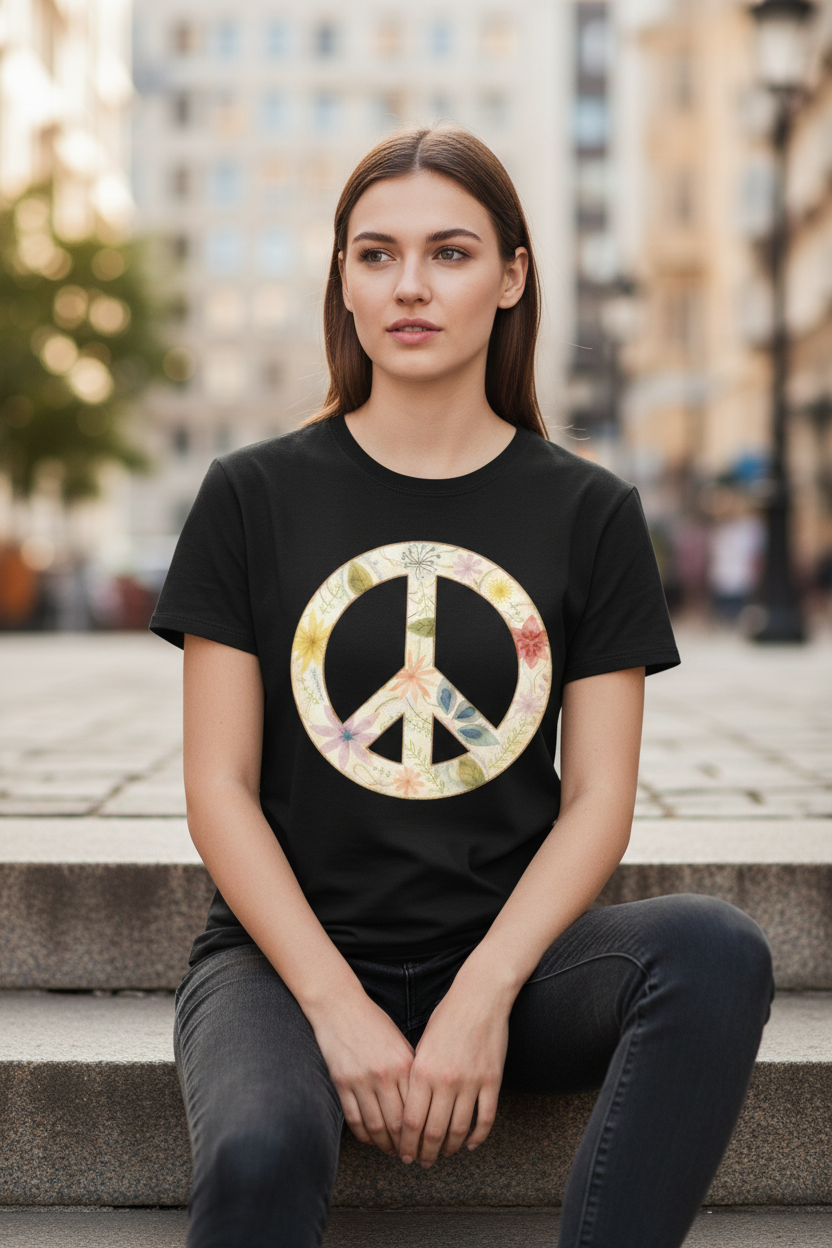Pastel Peace Tee Black - Sitting