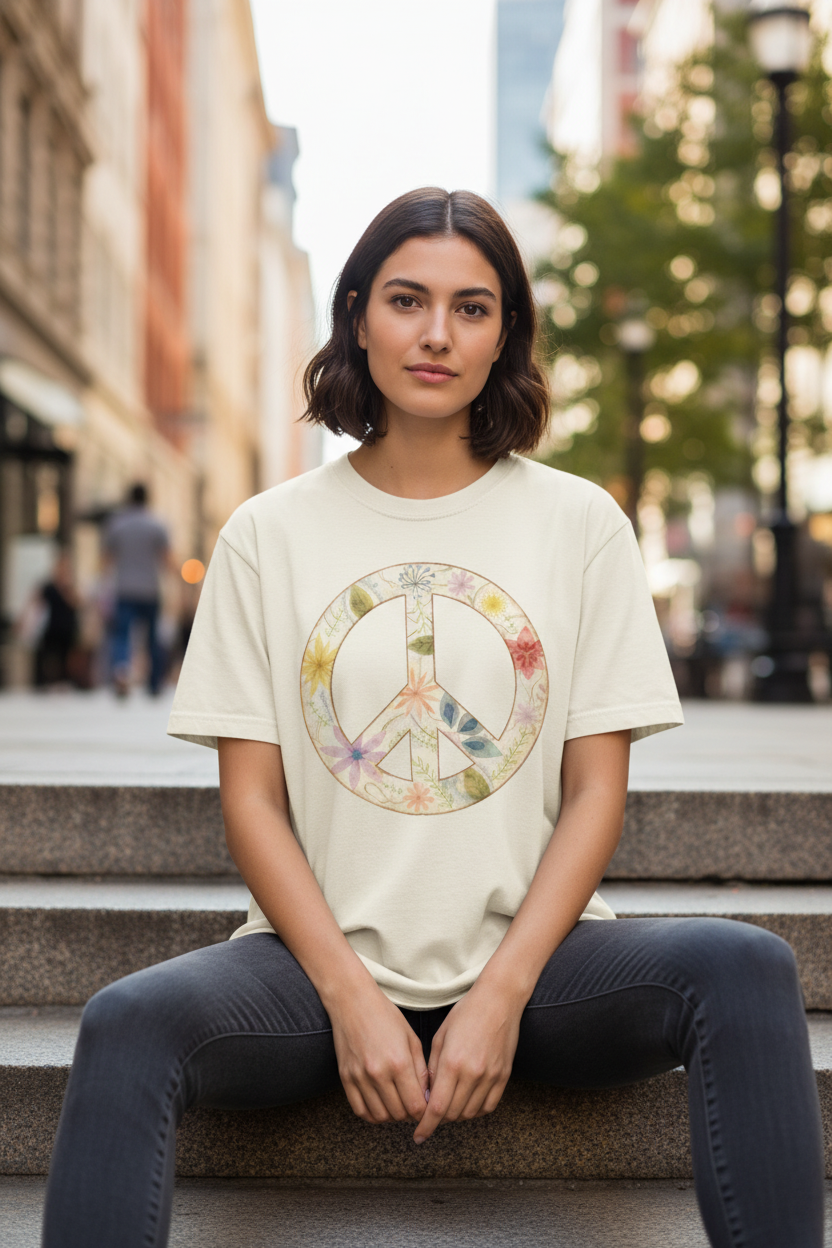 Pastel Peace Tee - Sitting Relaxed